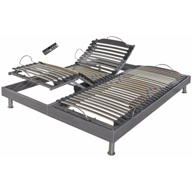 Ebac Literie - Sommier électrique S62+Lattes bois - Réglage fermeté zone lombaires - 2x80x200 - Gris