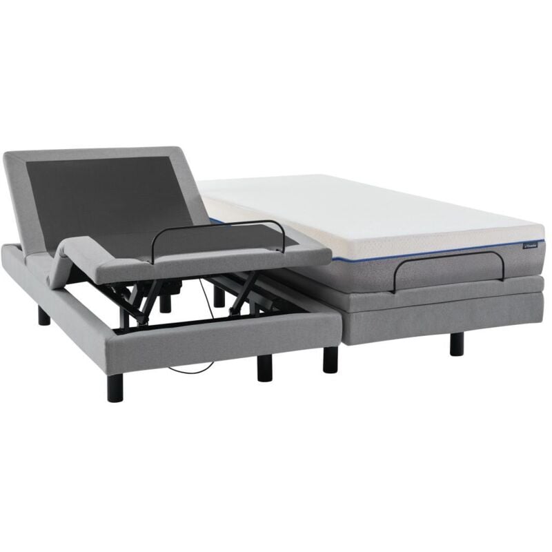 Vente-unique - Lit électrique de relaxation déco + matelas mémoire de forme - 2 x 80 x 200 cm - Tissu - Gris - menasina de dreamea