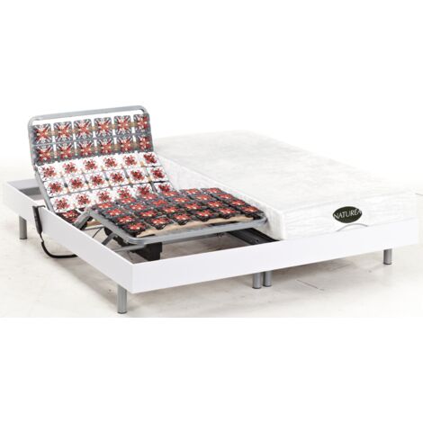 Lit électrique relaxation tout plots matelas mémoire de forme et bambou LYSIS III de NATUREA - moteurs OKIN - 2 x 100 x 200 cm - blanc - Blanc