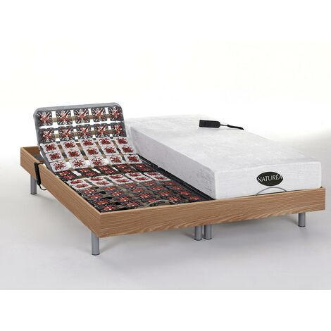 Lit électrique relaxation tout plots matelas mémoire de forme et bambou LYSIS III de NATUREA - moteurs OKIN - 2 x 80 x 200 cm - chêne naturel - Naturel clair
