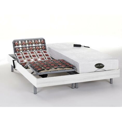 Lit électrique relaxation tout plots matelas mémoire de forme et bambou LYSIS III de NATUREA - moteurs OKIN - 2 x 90 x 200 cm - blanc - Blanc