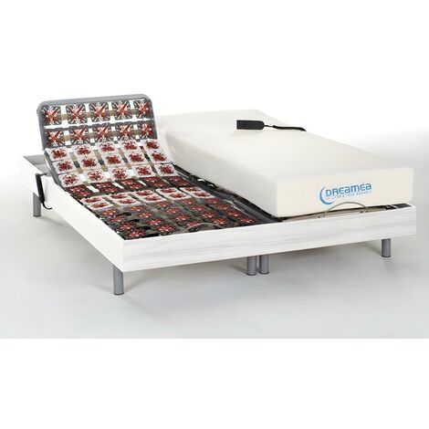 Lit électrique relaxation tout plots matelas mémoire de forme HESIODE III de DREAMEA - moteurs OKIN - blanc - 2 x 70 x 190 cm - Blanc