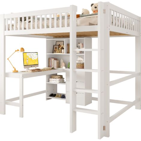Lit Élevé 140x200cm - En Bois avec Bureau & Rangements - Pour Enfant, Chambre - Blanc