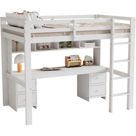 Lit Élevé 90x200cm - En Bois avec Bureau & 4 Tiroirs - Pour Enfant, Chambre - Blanc
