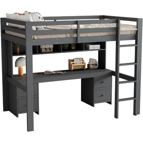 Lit Élevé 90x200cm - En Bois avec Bureau & 4 Tiroirs - Pour Enfant, Chambre - Gris