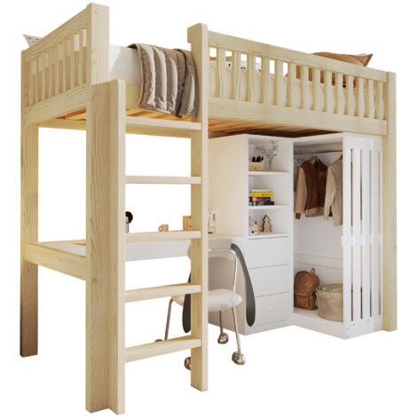 Lit Élevé 90x200cm - En Bois avec Bureau, Armoire & Tiroirs - Pour Enfant, Chambre -Bois Naturel
