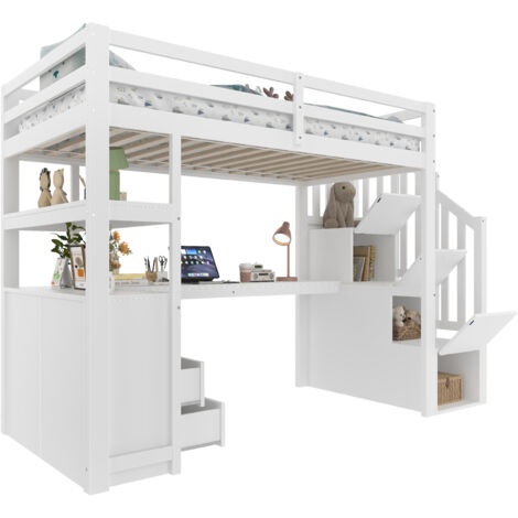 Lit Élevé 90x200cm - En Bois avec Bureau, Tiroirs & Étagères - Pour Enfant, Chambre ， Blanc