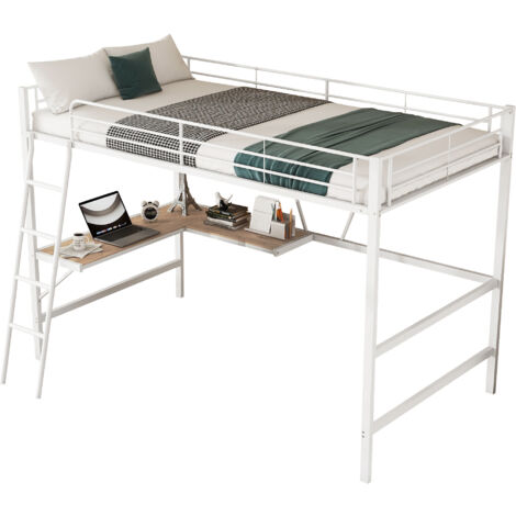 Lit Élevé 90x200cm - Métal avec Bureau & Étagère - Pour Enfant, Chambre - Blanc