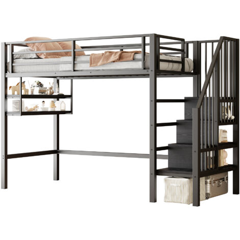 Lit Élevé 90x200cm - Métal avec Étagères & Échelle à Rangements - Pour Enfant, Chambre - Noir
