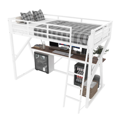 Lit Élevé 90x200cm - Métal avec LED, Bureau & Barrière - Pour Enfant ， Blanc