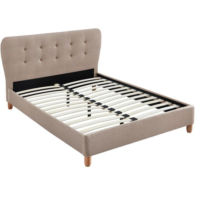 Lit 140 x 190 cm avec tête de lit capitonnée - Tissu - Beige - ELIDE
