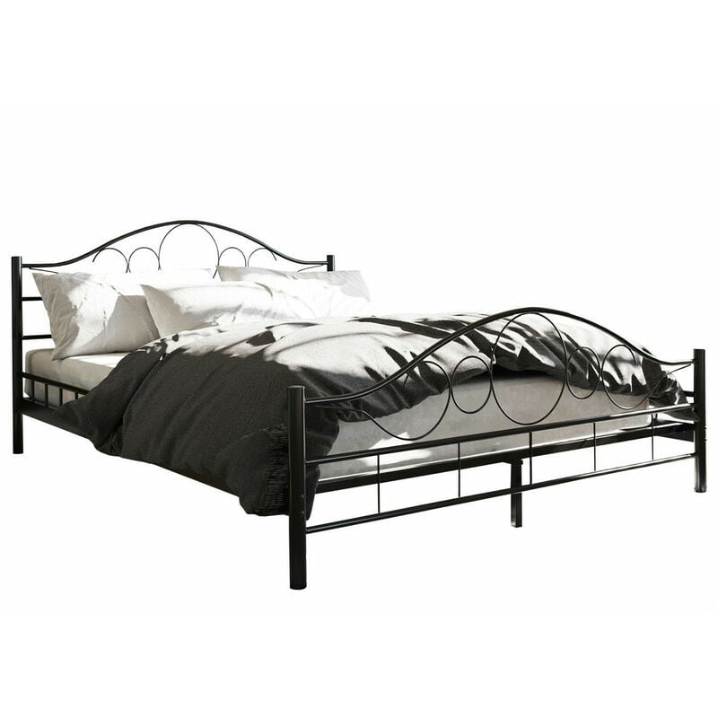 Mobilier1 - Lit Elmira 100, Noir, Double, 160x200, Métal, Sommier à lattes, 167x207x89cm