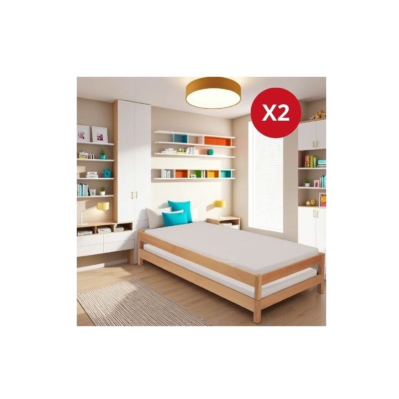 Lit empilable jonas 90x200 (lot de deux lits)+ 2 sommiers / Hêtre/ 204.5x94.5x43.5