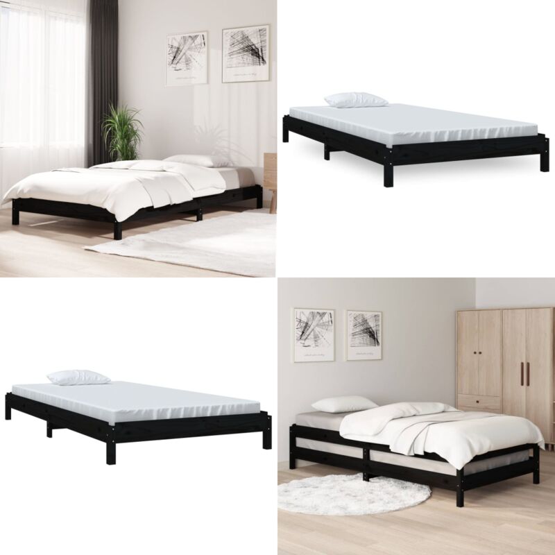 Lit empilable sans matelas noir 100x200 cm bois massif de pin - Lit Superpose - Lit Enfant - Meuble Chambre - Cadre Lit - Bois Massif - Home & Living