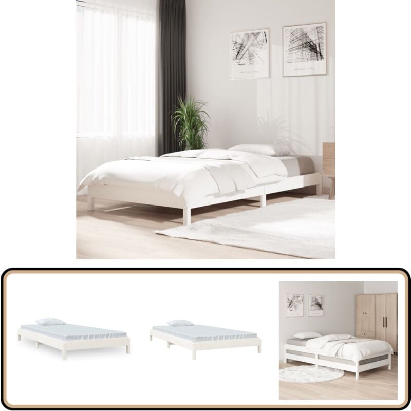 Lit empilable sans matelas blanc 90x190 cm bois de pin massif - Lit Superposé - Lit Enfant - Lit Double - Meuble Chambre à Coucher - Bois De Pin