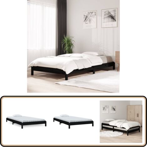 Lit empilable sans matelas noir 80x200 cm bois massif de pin - Lit Superposé - Lit Enfant - Meuble Chambre - Cadre Lit - Bois Massif