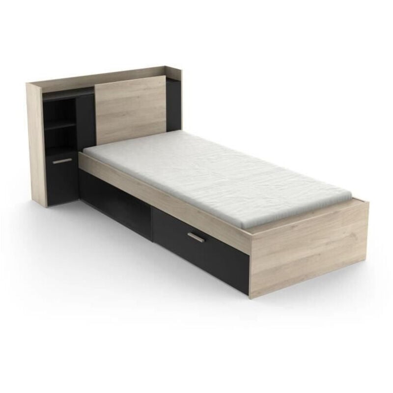 Lit extensible life - demeyere - 90 x 190/200 cm - Tirroir + niche - Chene kronberg et mélamine noir mat