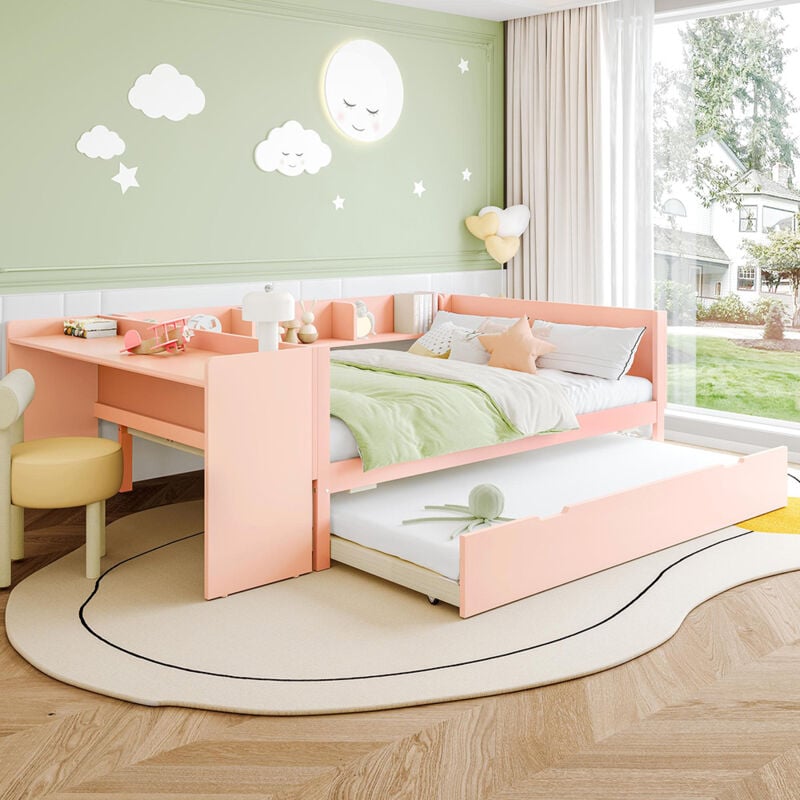 Gutent - Lit en bois 140x200 cm avec bureau et lit escamotable, lit double (sans matelas), avec étagères - Rose