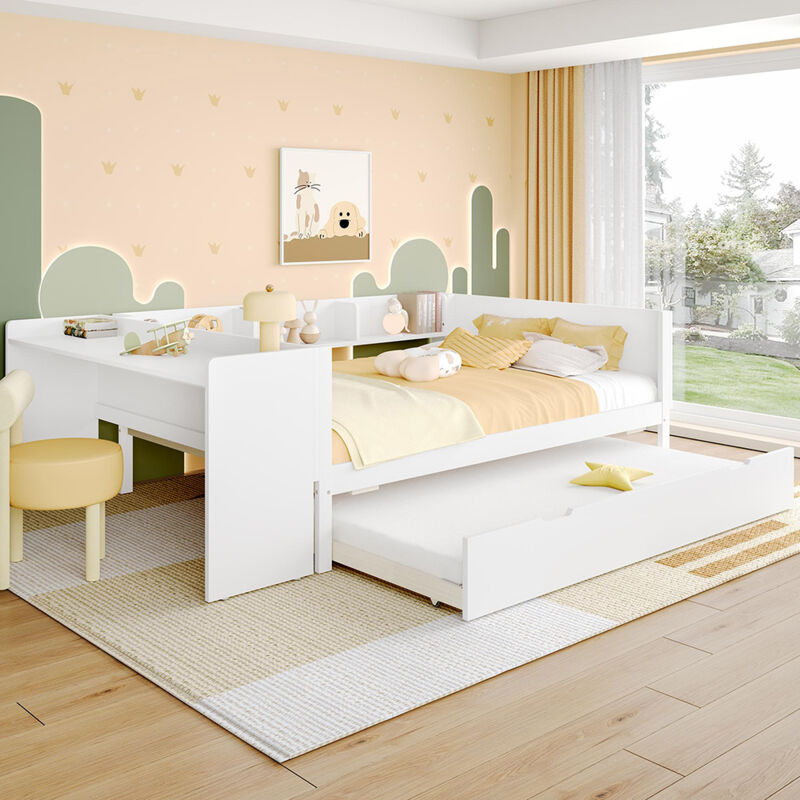 Gutent - Lit en bois 140x200 cm avec bureau et lit escamotable, lit double (sans matelas), avec étagères - Blanc