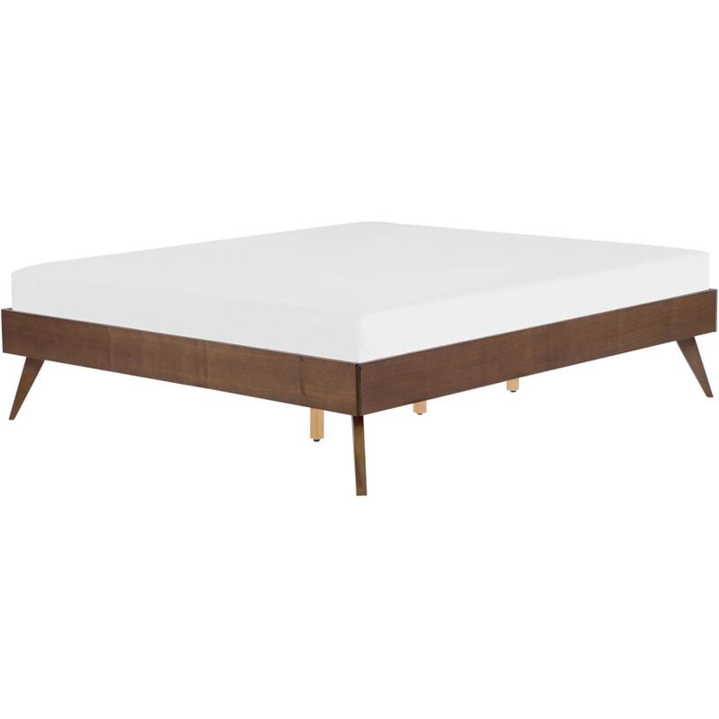Lit Double en Bois Marron Foncé 140 x 200 cm avec Sommier à Lattes Design Minimaliste avec Touche Rétro pour Chambre Scandinave ou Boho Beliani