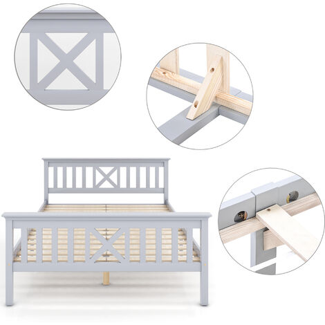 Lit en bois Cadre de lit double avec sommier à lattes Lit en bois avec tête de lit - 140 x 200 cm Lit enfant Lit ado gris