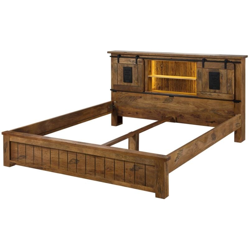 Massivmoebel24 - Lit en bois de Manguier / Bois de récupération 160x200 naturel laqué railway lux 111