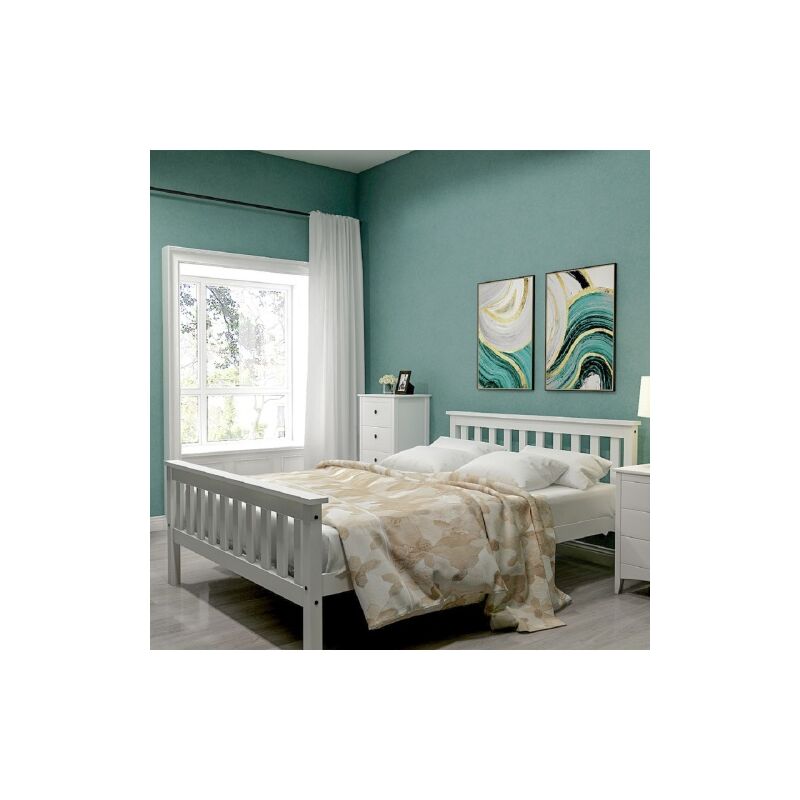 Zxpasra - aiducho Lit double lit en bois 140 x 200 cm lit en bois massif avec sommiers à lattes, lit en pin pour adultes, enfants, ados, blanc