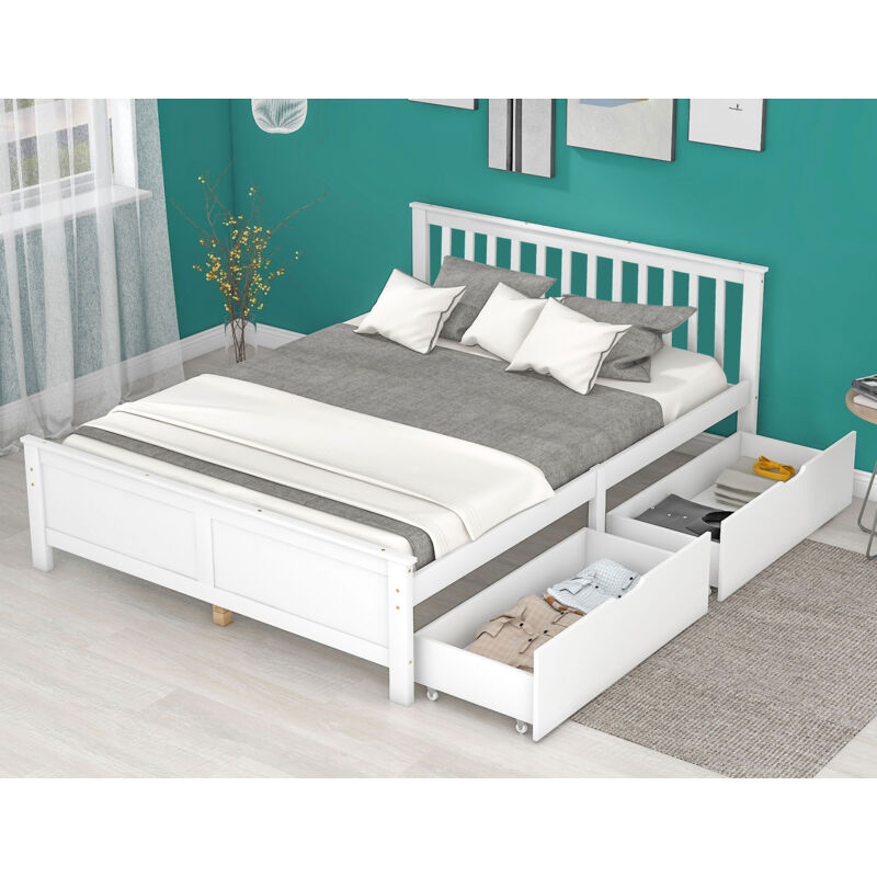 Okwish - Lit adulte 140x200 cm lit double avec tiroirs de grand espace de rangement, structure en bois massif et mdf, blanc, sans matelas