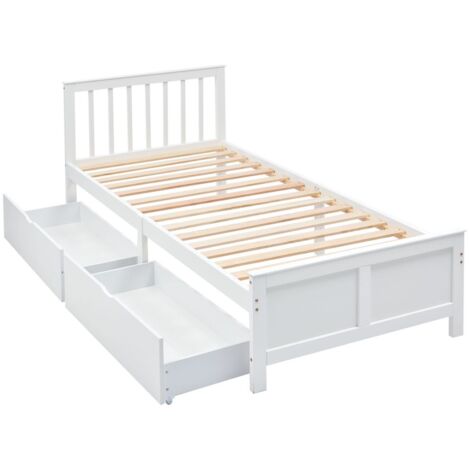 Lit en bois, lit enfant, lit adulte avec tiroirs de rangement, pin, blanc, 90x200 cm