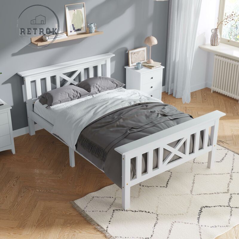 Lit simple en bois avec sommier à lattes - 90x200cm - Tête de lit incluse - Pin massif blanc