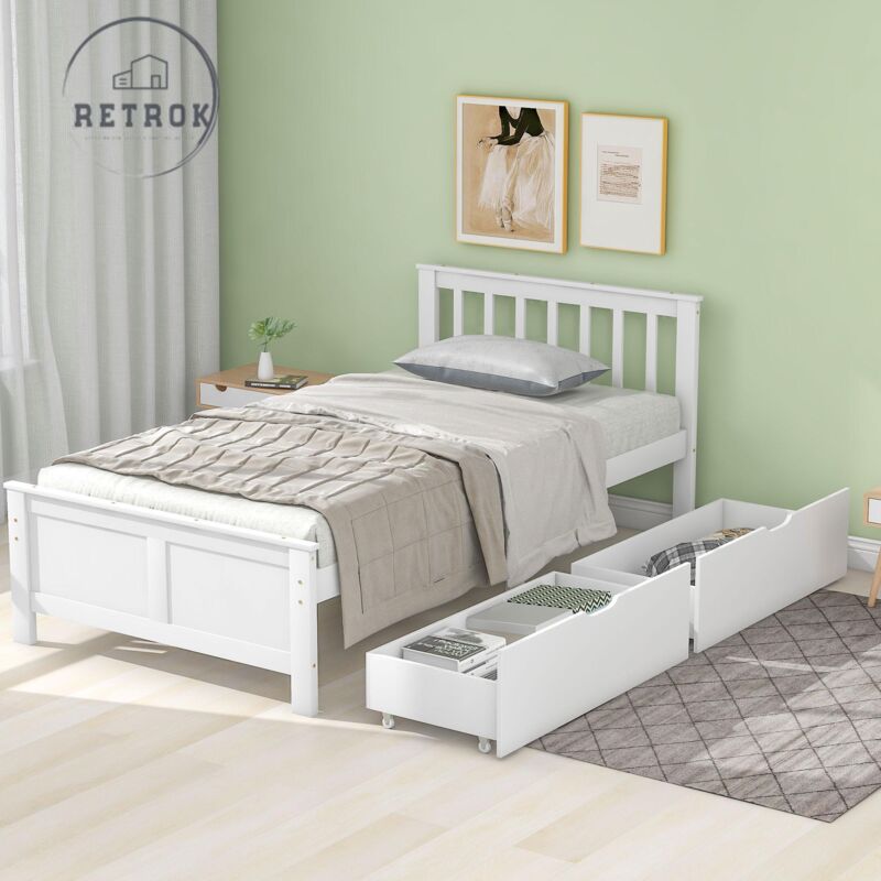 Retrok - Lit en bois, lit simple, lit ado, lit adulte, avec tiroir de rangement, structure en pin, blanc (90x200cm)