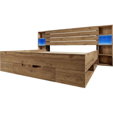 Lit en bois massif 180×200 cm, sommier bois, lumière LED, tiroirs et compartiments de rangement. Cadre en planches de bois d’acajou (pas de matelas).