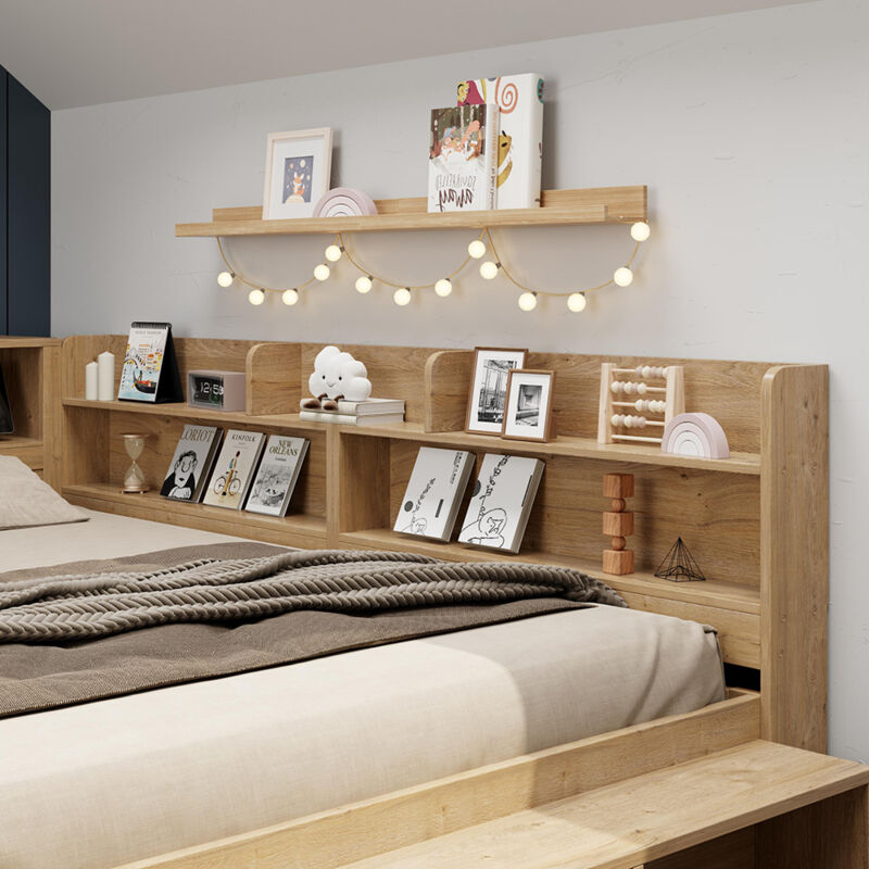 Lit en bois massif avec chevet, étagère et armoire de rangement, fonction de charge sans fil, sans matelas - 140 x 200 cm