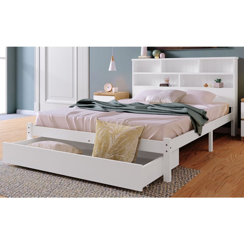 Redom - Lit double massif, avec tiroirs et sommier à lattes,140x200cm, en bois, blanc