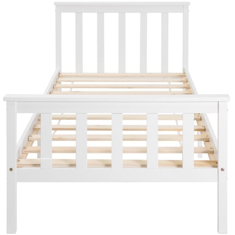 Lit en bois massif blanc avec tête de lit et sommier à lattes, lit junior en pin massif - Taille 90 x 200 cm