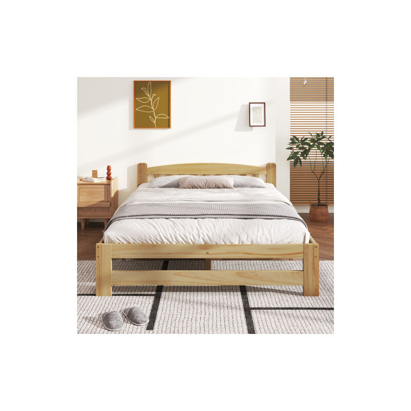 Lit en bois massif futon, lit double, lit naturel en bois massif avec tête de lit et cadre à lattes, lit jeune, lit adulte, naturel, 140x200 cm