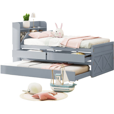 Lit en bois massif gris 90x190 cm avec sommier à lattes, lit gigogne, 2 tiroirs, chevet avec rangements et port USB