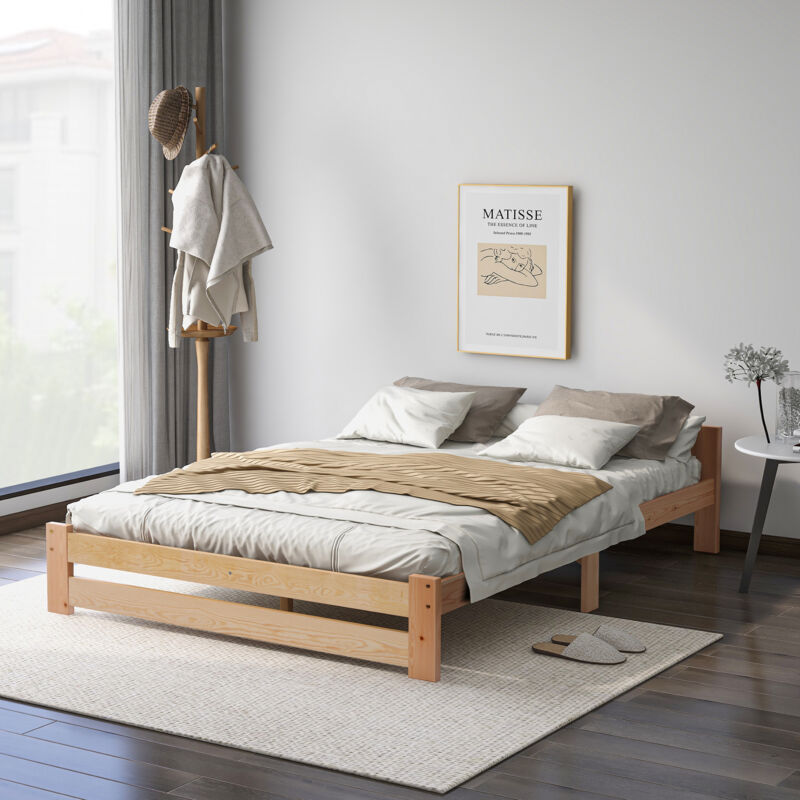 Lit En Bois Massif Solide Futon Avec Tête De Lit Et Sommier à Lattes, Naturel (200x140cm)