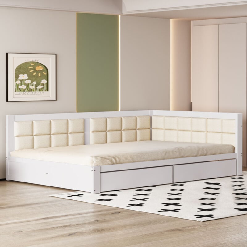 Gutent - Lit en bois rembourré 140x200 cm, dossier mou moulé, grands tiroirs de rangement - Blanc