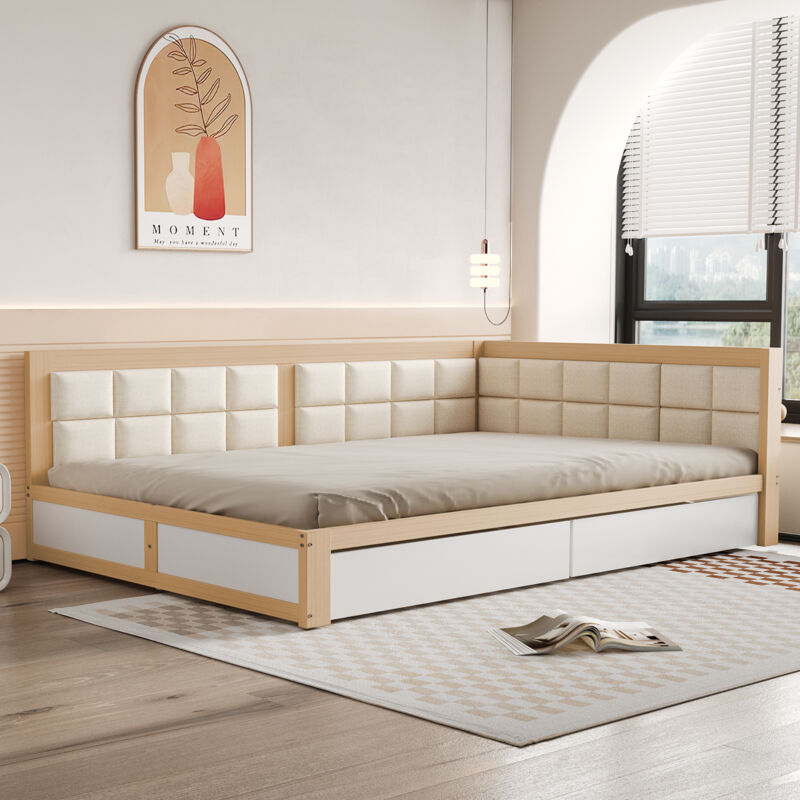 Gutent - Lit en bois rembourré 140x200 cm, dossier mou moulé, grands tiroirs de rangement - Couleur bois