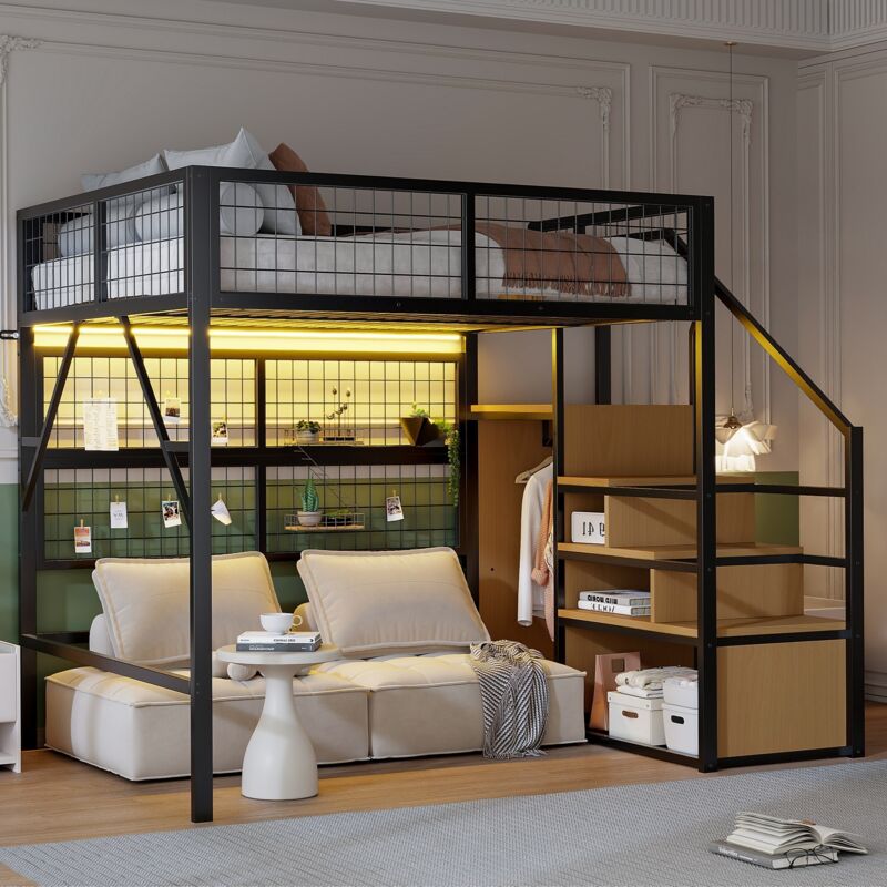Lit en fer, lit superposé, lit mezzanine 140200 cm, polyvalent en métal avec LED contrôlées par application Escalier avec rangement, armoire ouverte