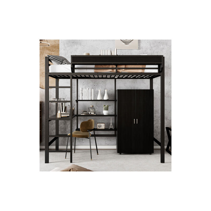 Lit en fer, lits superposés, idéal pour les enfants et les adolescents, avec table et armoire, plusieurs compartiments de rangement, avec échelle 5