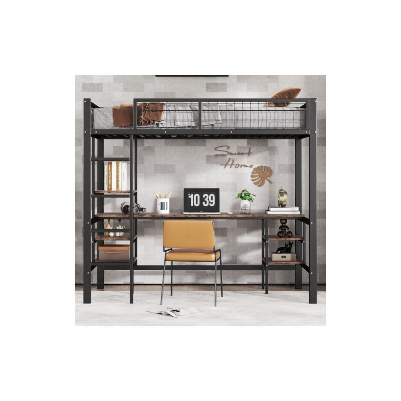 Lit en fer, lits superposés, idéal pour les enfants et les adolescents, avec table et étagères, avec échelle à quatre niveaux, fer + panneaux de