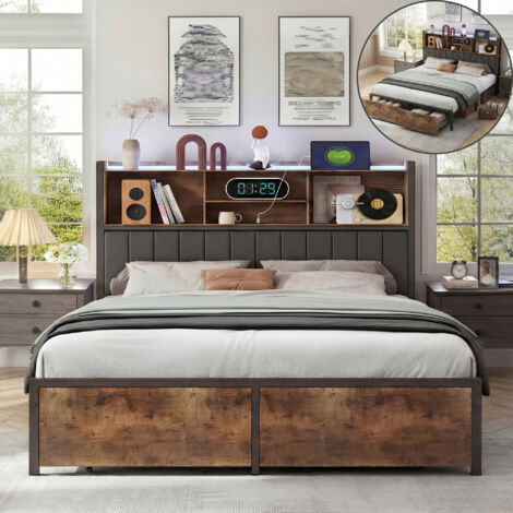 Lit en métal 140x200cm, lit rembourré avec LED et fonction de charge USB, lit coffre avec 2 tiroirs, lit double avec sommier à lattes, tête de lit avec compartiment de rangement, cadre de lit jeune, l