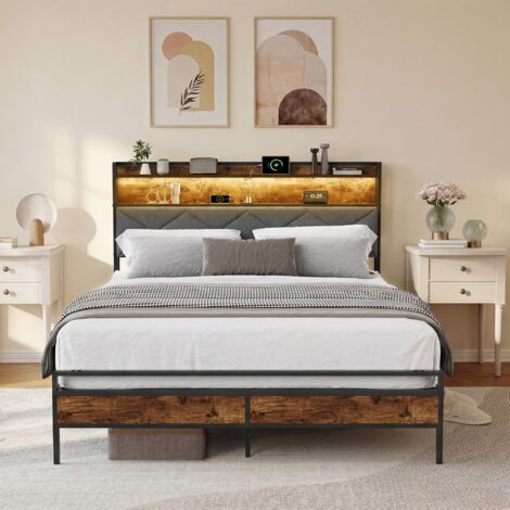 Lit en métal 140x200cm,Lit rembourré,tête de lit rembourrée avec rangement,lit double avec LED et USB,Structure en Métal, sommier métal, tissu en lin,Marron
