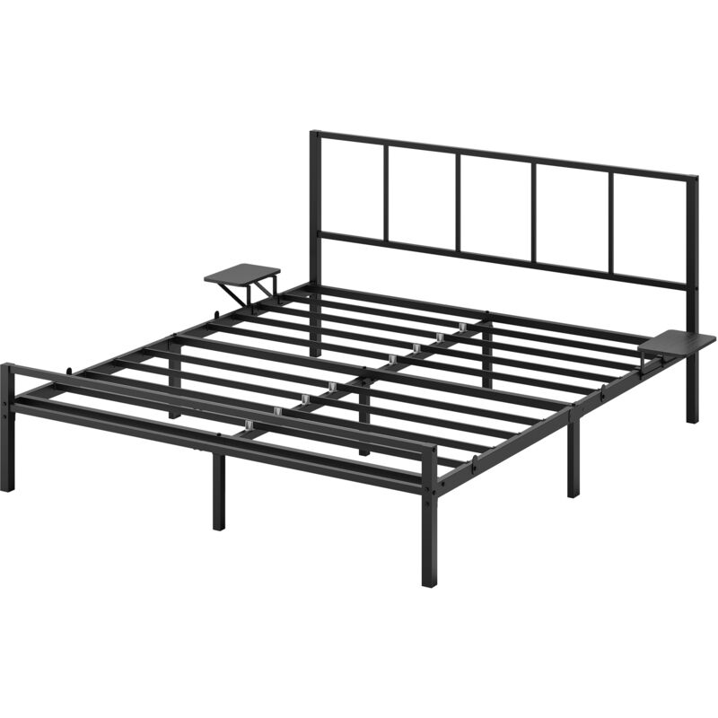 Lit en Métal, 160 x 200 cm avec Sommier, Étagères de Rangement, Tête de Lit, Facile à Monter, pour Chambre, Noir