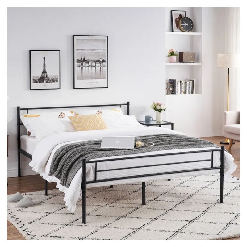 Iztoss - Lit en Métal 140x190 cm - Lit adulte pour Matelas - Cadre de Lit pour Chambre d'Amis, Chambre Ado - Noir