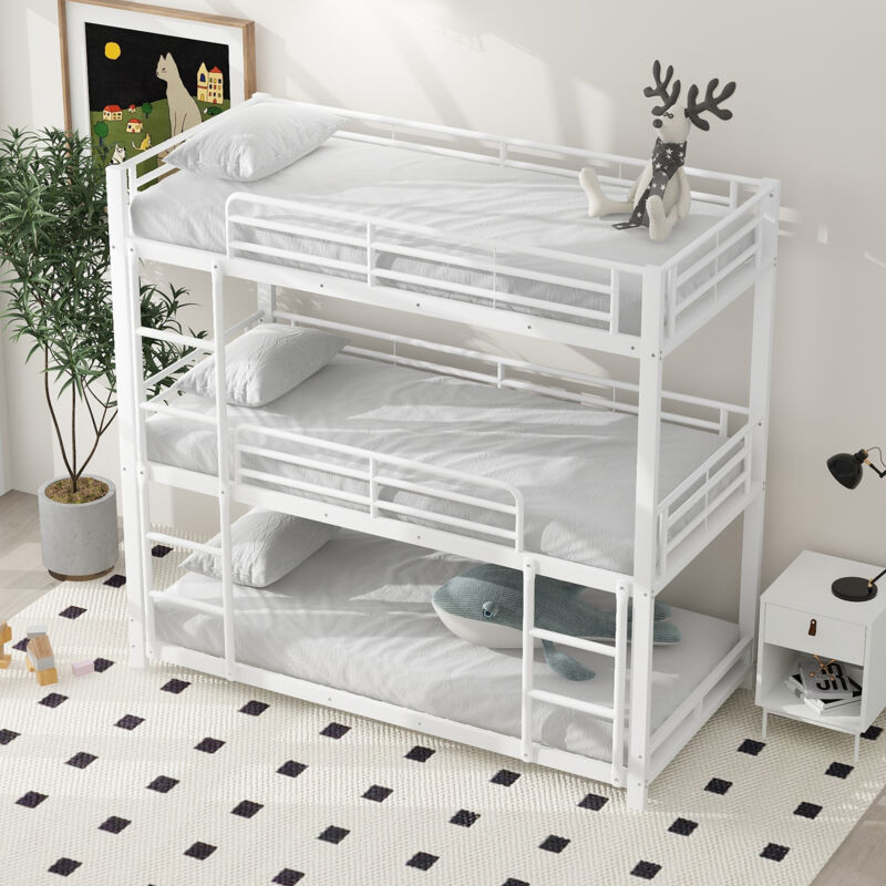 Okwish - Lit superposé triple 90x200 cm lit enfant 3 places avec échelles et barrière, pour ados et adultes, en métal, blanc