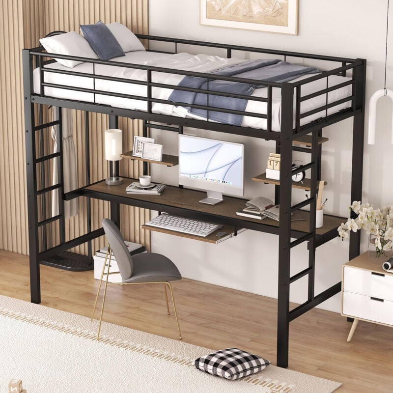 Okwish - Lit mezzanine 90x200 cm lit simple avec bureau et 2 étagères pour enfants, adolescents et adultes, en fer, noir