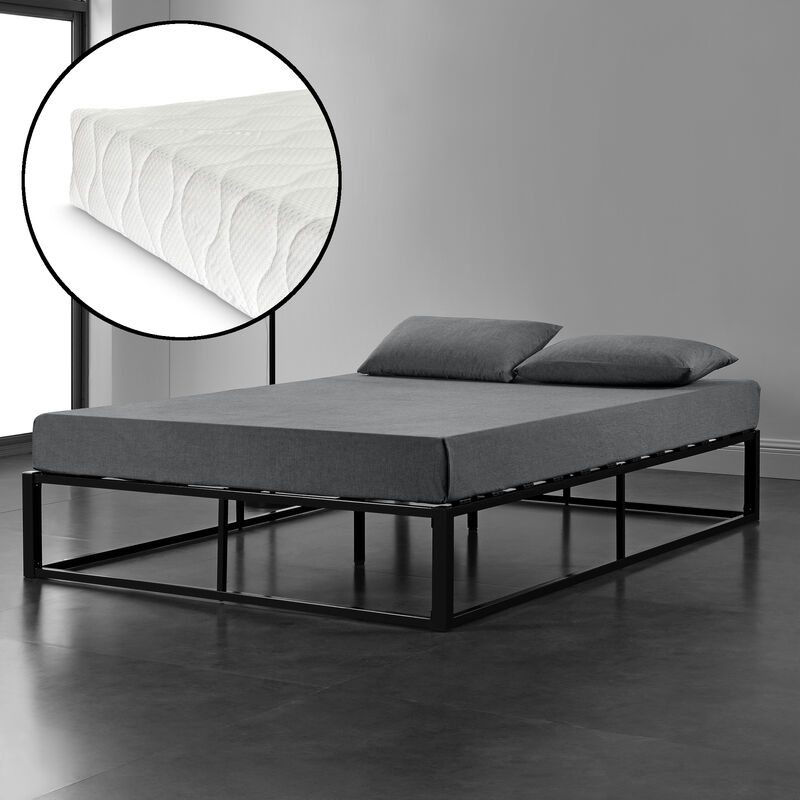 Cadre de lit double Kreta avec Matelas en Métal 140 x 200 cm Noir
